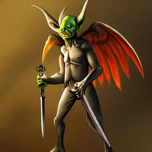 Prompt: goblin with angel wings, wings have knives instead of feathers, sword in hard, realistic, cinematic, night time,