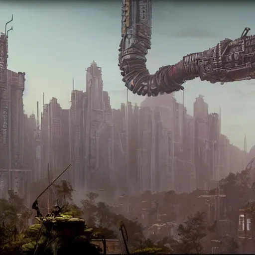 Prompt: mayan cyberpunk city in the center of redwood forest, viewed from a distance, shadow of the colossus screenshot by j. c. leyendecker, simon stalenhag, studio ghibli, and beksinski