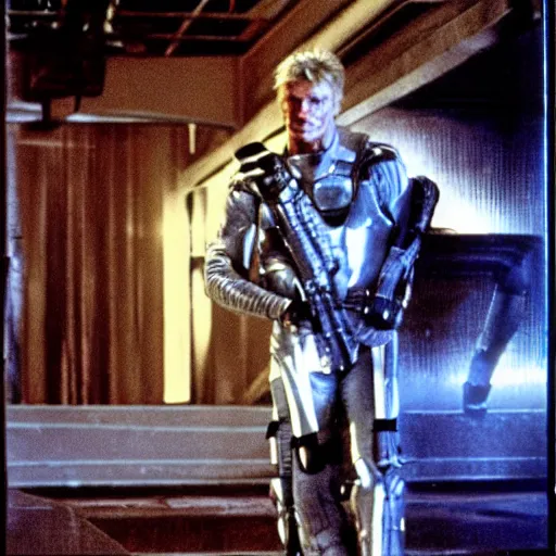 Image similar to movie still, 1 9 8 0 s, dolph lundgren as alien hunter, hyperdetailed, by ridley scott, john carpenter and vittorio storaro, blue leds