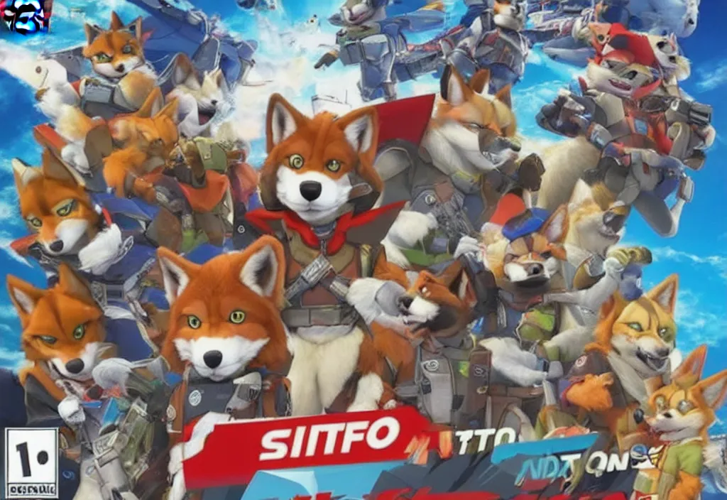 Image similar to nintendo switch box cover of a new starfox spinoff action game featuring anthro fursona furry wolf o'donnell and his space cadet crew, rated t for teen