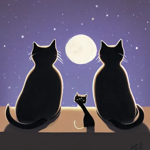 Image similar to two cats curled up with each other on a rooftop under a bright moon light, in the style of ilya kuvshinov