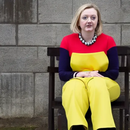 Image similar to conservative mp liz truss sitting in a chair and looking sad and wearing a clown costume, editorial photograph