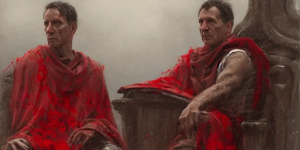 Image similar to the end is near. a tired julius caesar is sitting on his throne. face is highly detailed. splices of red are running down his toga. mist. color scheme red. low angle medium shot. imagined by jeremy lipking