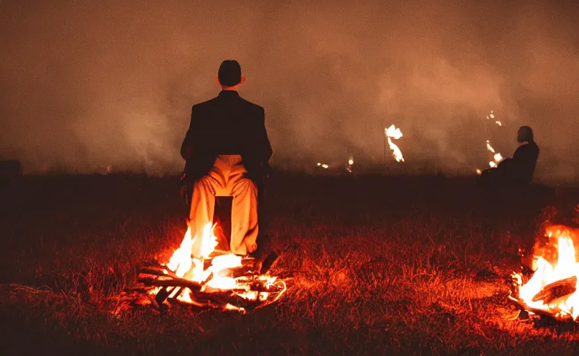 Prompt: lone man wearing a tuxedo sitting in the middle of a bonfire, no face