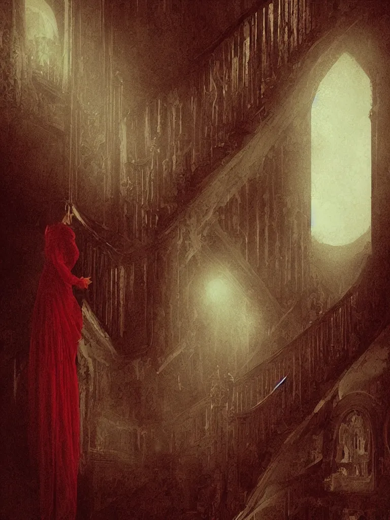 Prompt: “a digital painting of a ghost in a giant victorian mansion staircase, horror, crimson peak, dark, by Guillermor del Toro”