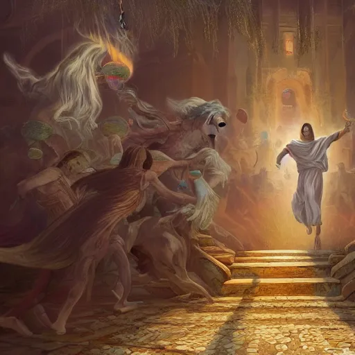 Prompt: a detailed picture of jesus chasing away the merchants in the temple, thrown tables, scattered gold coins, fleeing merchants, fantasy, intricate, elegant, highly detailed, digital painting, artstation, matte, sharp focus, illustration, vaporwave style