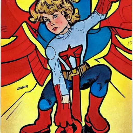 Prompt: a little girl with a mischievous face and light brown curly wavy hair. she is dressed as captain america, spider - man, batman, captain marvel, a superhero. well composed, clean elegant painting, beautiful detailed face. comic book superhero art by steve ditko and jack kirby and alphonse mucha