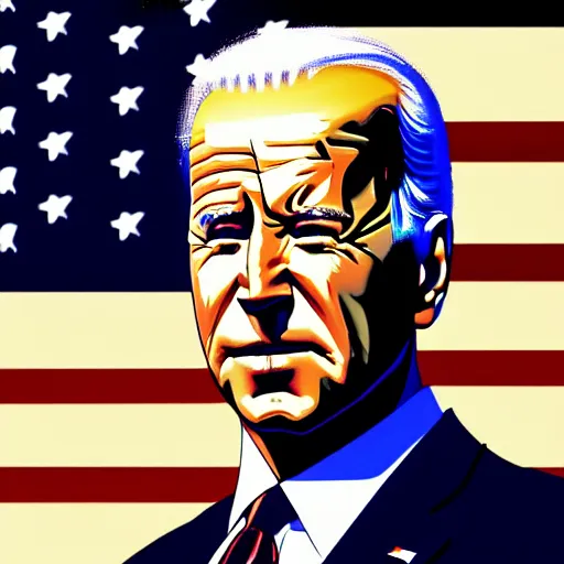 Image similar to joe biden in cyberpunk america, trending on artstation, detailed art, oil painting,