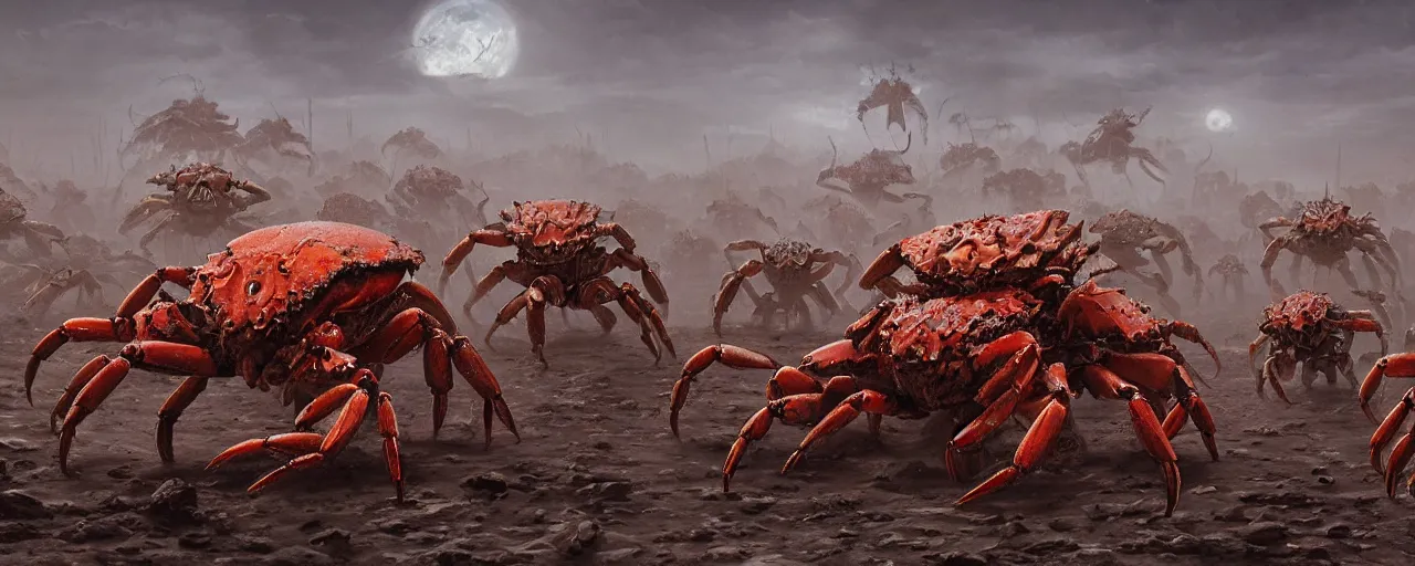 Image similar to a humongous herd of giant monstrous crabs running abound on barren desert exoplanet by James Gurney, Beksinski and Alex Gray, every crab is a menacing sentient chaotic xenos from warhammer 40k hd illustration, diabolic wh40k crab xenos scourge running abound