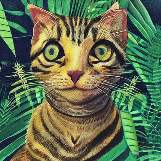 Prompt: “ abstract tabby cat in a jungle ”