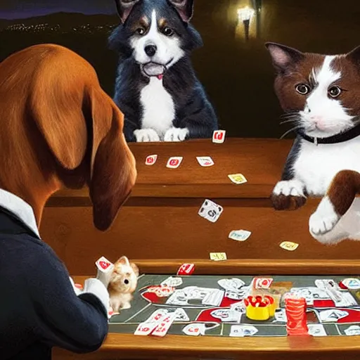 Prompt: two dogs and a cat playing poker at night, burgers everywhere