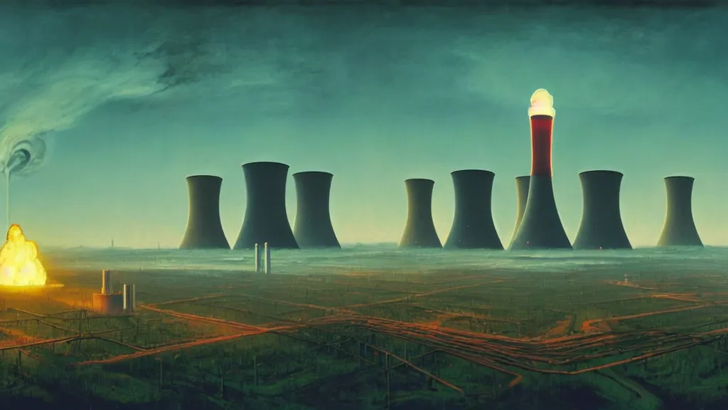 Prompt: A nuclear power plant in utopia by Simon Stålenhag and J.M.W. Turner, oil on canvas; Nuclear Fallout, Art Direction by Adam Adamowicz; 4K, 8K Ultra-Realistic Depth Shading; Epic 4k dream drone shots