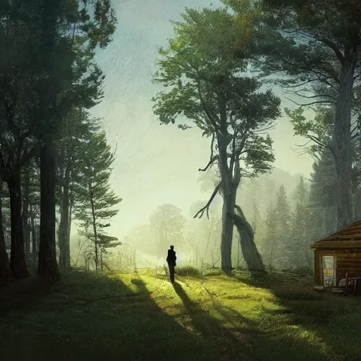 Image similar to a homesteader standing on the porch of his log cabin. pastoral tribute to caspar david friedrich. a wide expansive valley with verdant foliage, tall broad oaks, a beautiful pellucid river running betwixt gorgeous igneous rock driven up by glaciers borderlands cel-shading illustration ismail inceoglu