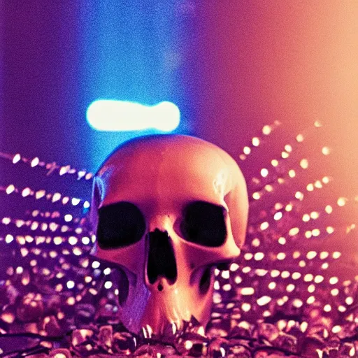 Image similar to a low poly disco skull full of long spikes, reflecting light in a nightclub, grainy film photograph