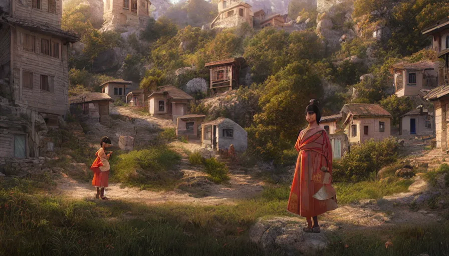 Image similar to very very small turkish village, by ilya kuvshinov, rtx rendering, octane render 1 2 8 k, maya, extreme high intricate details by tom bagshaw, medium shot, close up shot, composition by sana takeda, lighting by greg rutkowski