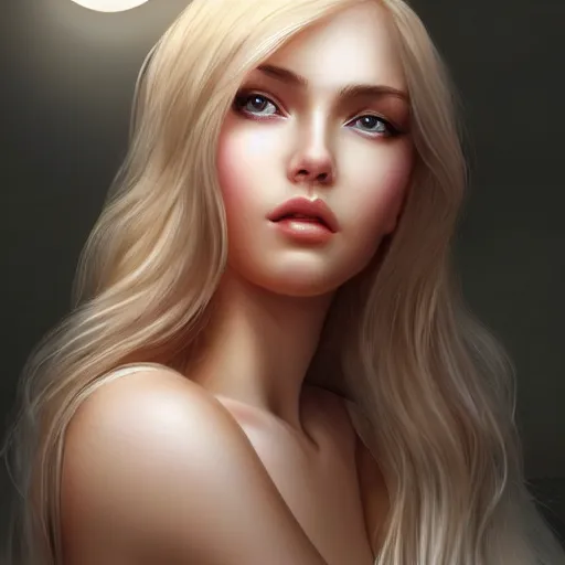 Image similar to a gorgeous female photo, professionally retouched, soft lighting, wearing sundress, illuminated by moonlight, realistic, smooth face, blonde goddess, luscious lips, perfect eyes, wide angle, sharp focus on eyes, 8 k high definition, insanely detailed, intricate, elegant, art by artgerm and wlop