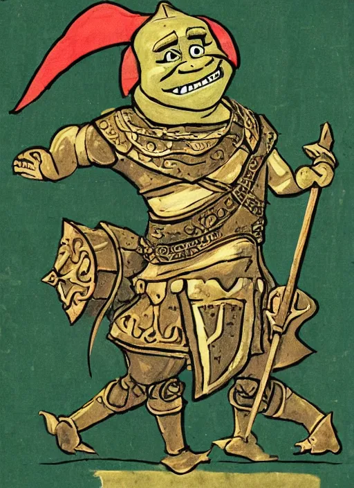 Prompt: medival scroll illustration of a Shrek in armour from Shrek the movie, fine detail, copperplate