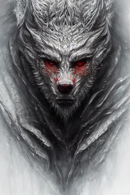 Image similar to realistic portrait of beautifully crystalized and detailed portrait of a werewolf, matte painting of cinematic movie scene red dragon, horror, created by gustave dore and greg rutkowski, high detailed, smooth draw, synthwave neon retro, intricate, realistic proportions, dramatic lighting, trending on artstation.