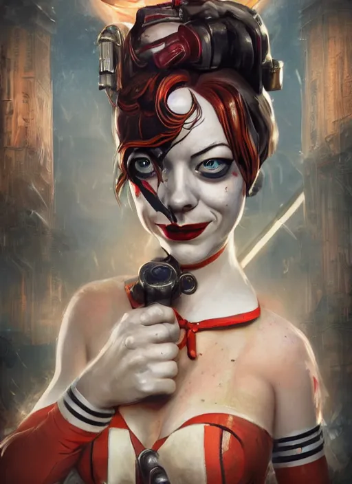 Image similar to bioshock portrait of emma stone as harley quinn, hyper detailed, digital art, trending in artstation, cinematic lighting, studio quality, smooth render, unreal engine 5 rendered, octane rendered, art style by klimt and nixeu and ian sprigger and wlop and krenz cushart.