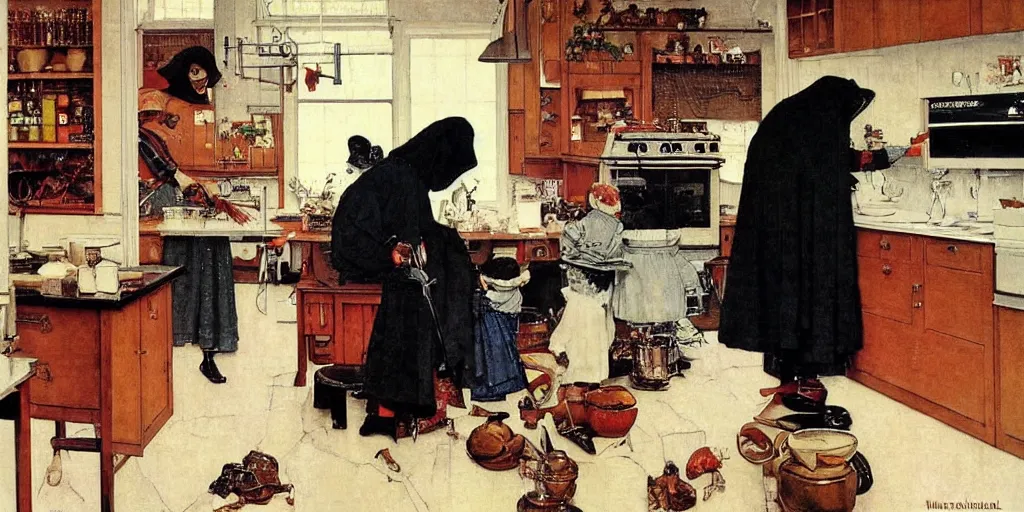 Prompt: grim reaper making coffee in a large kitchen, gorgeous painting, by norman rockwell, wholesome, holiday