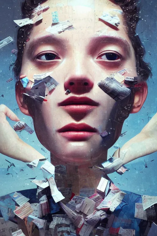 Image similar to 3 d, close - up, happy fashion model looking up, newspaper, tears, poster art, intricate oil painting, high detail, figurative art, multiple exposure, poster art, 3 d, by stanley kubrick and tooth wu and wlop and beeple