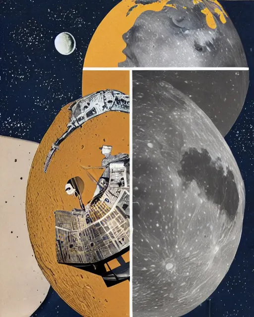 Image similar to A collage, made of random shapes cut from fashion magazines, of Space Travel, landing on the moon, mid-century modern.