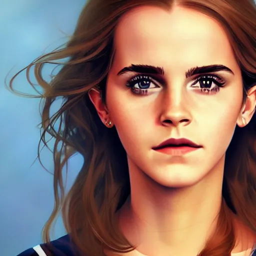 Image similar to portrait of emma watson staring at you, beautiful, long hair, eye contact, high detail, vivid colors, navy background, artstation