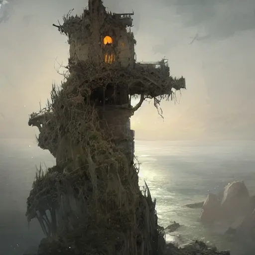 Image similar to unkind haunted house that hasn't been maintained properly sitting atop a narrow cliff on a bouncy hillside, overlooking a grim ocean, digital painting by greg rutkowski and gaston bussiere, trending on artstation, cgsociety contest winner, zbrush, intricately defined, comprehensive art, 4 k