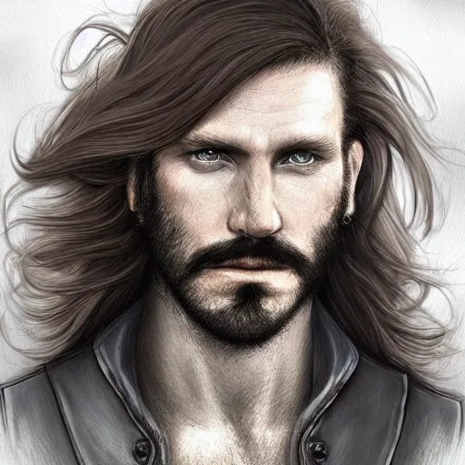 Image similar to portrait of a rugged!!!! male captain with long red hair!!!!!!, upper body, flowing hair, ethereal, handsome, leather coat, Steampunk airship!!!!!!!, D&D, fantasy, simple clothing!!!!, elegant, highly detailed, digital painting, deviantart, artstation, concept art, sharp focus, illustration, art by Artgerm and Greg Rutkowski and Alphonse Mucha