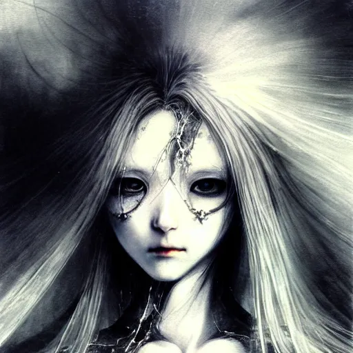 Image similar to yoshitaka amano blurred and dreamy realistic illustration of an anime girl with wavy white hair and cracks on her face wearing elden ring armour with the cape fluttering in the wind, abstract black and white patterns on the background, noisy film grain effect, highly detailed, renaissance oil painting, weird portrait angle