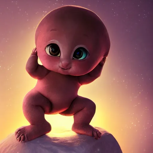 Image similar to full body pose, hyperrealistic photograph of a cute baby avatar creature, dim volumetric lighting, 8 k, octane beautifully detailed render, extremely hyper detailed, intricate, epic composition, cinematic lighting, masterpiece, trending on artstation, very very detailed, stunning, hdr, smooth, sharp focus, high resolution, award, winning photo, dslr, 5 0 mm