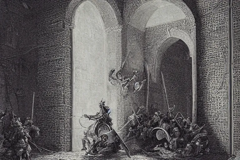 Prompt: highly detailed painting of big opened book, don quixote leave the book, symmetrical, masterpiece, by gene wolfe, highly detailed painting by gustave dore