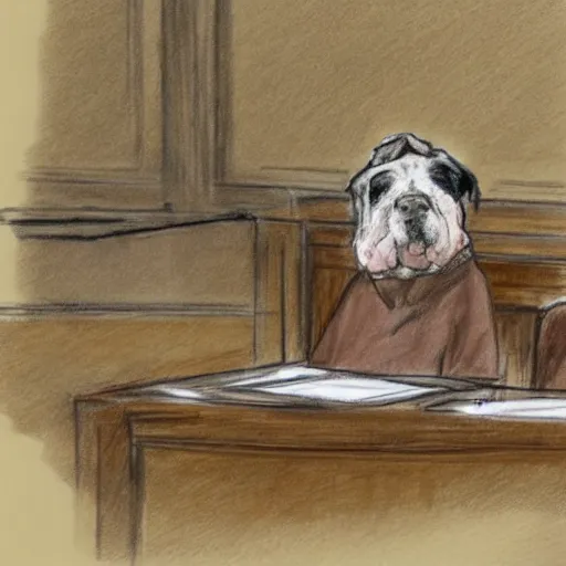 Image similar to a dog in a addressing a jury of mailmen, courtroom sketch