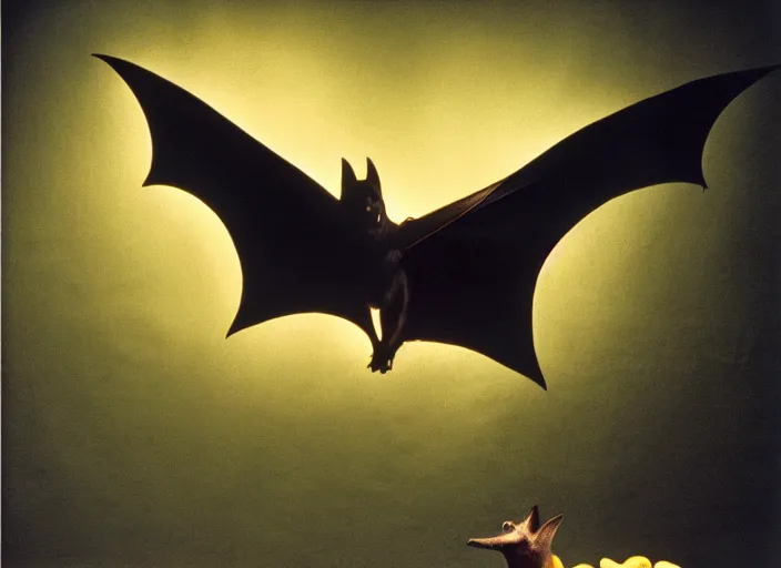 Prompt: a long shot, color studio photographic portrait of a bat eating bananas, dramatic backlighting, 1 9 9 3 photo from life magazine,