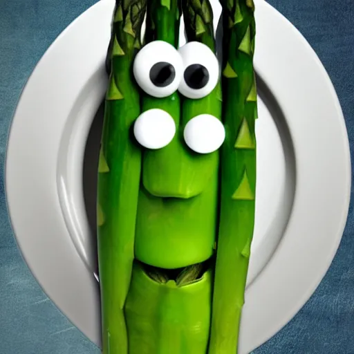 Prompt: poorly rendered asparagus character with scary face