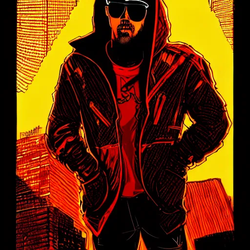 Prompt: a full body character design guy denning, tim doyle, laurie greasley fiery flaming grungy hooded sunglasses handsome figure heroic!! bold outline sharp edges. elegant, neon colors, dynamic angle, intricate complexity, epic composition, symmetry, cinematic lighting masterpiece