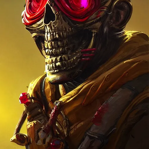 Image similar to a golden skull face monkey warrior with a ruby in his forehead, Apex Legends character, digital illustration portrait design, by android jones and greg rutkowski, retrowave color scheme, detailed, cinematic lighting, wide angle action dynamic portrait