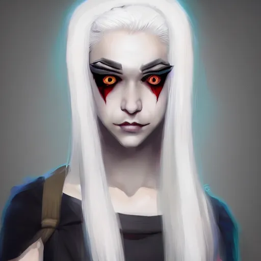 Image similar to Young woman, white hair, black eyes, sharp teeth, pointy ears, pale skin, trending on artstation