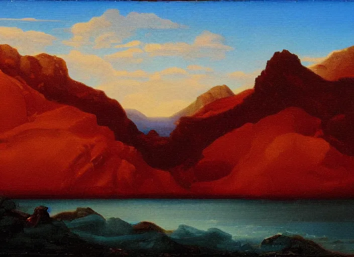 Prompt: la montana roja, tenerife in the style of hudson river school of art, oil on canvas