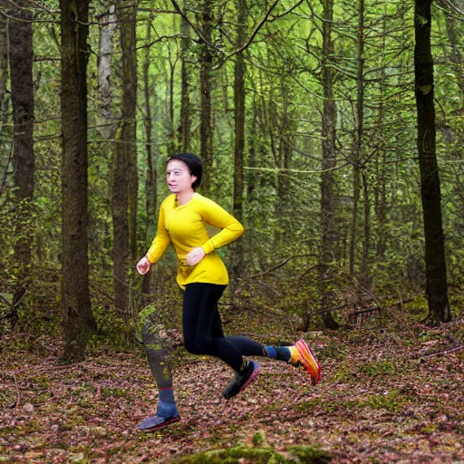 Prompt: a beutiful female orienteer wearing a yellow long - sleeved shirt and black tights runs in the forest, photo, sigma 5 5.