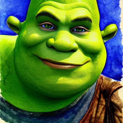 Image similar to water color art on paper, shrek portrait, highly detailed, artstation, masterpiece