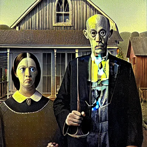 Image similar to aleister crowley and baphomet in the style of american gothic