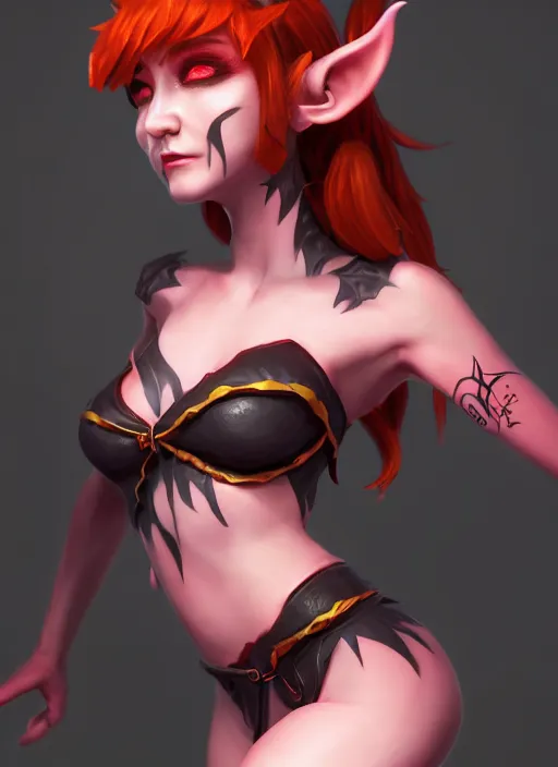 Image similar to imp demon goddess, cute elf ears, strapless dress, character portrait in the style of thomas river and artgerm, cinematic lighting, hyperdetailed, 8 k realistic, symmetrical, global illumination, radiant light,, frostbite 3 engine, cryengine, dof, trending on artstation, digital art, chanel