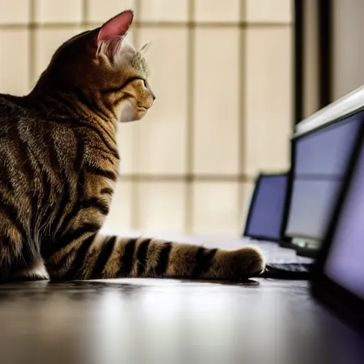 Image similar to cat working at a computer, photo, 8k