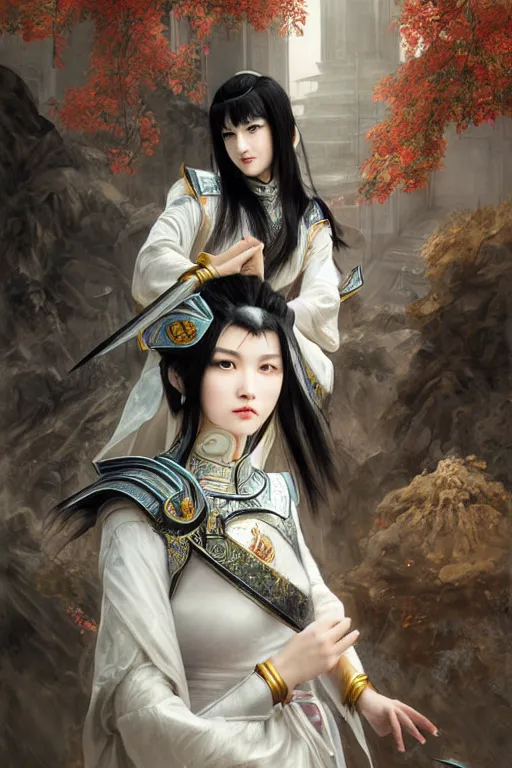 Prompt: portrait black hair young knights of Dynasty Warriors girl, matt white color armor, in ruin chinese temple rooftop heavily rain magic night, ssci-fi and fantasy, intricate and very beautiful and elegant, highly detailed, digital painting, soft light, artstation, concept art, smooth and sharp focus, illustration, art by tian zi and WLOP and alphonse mucha