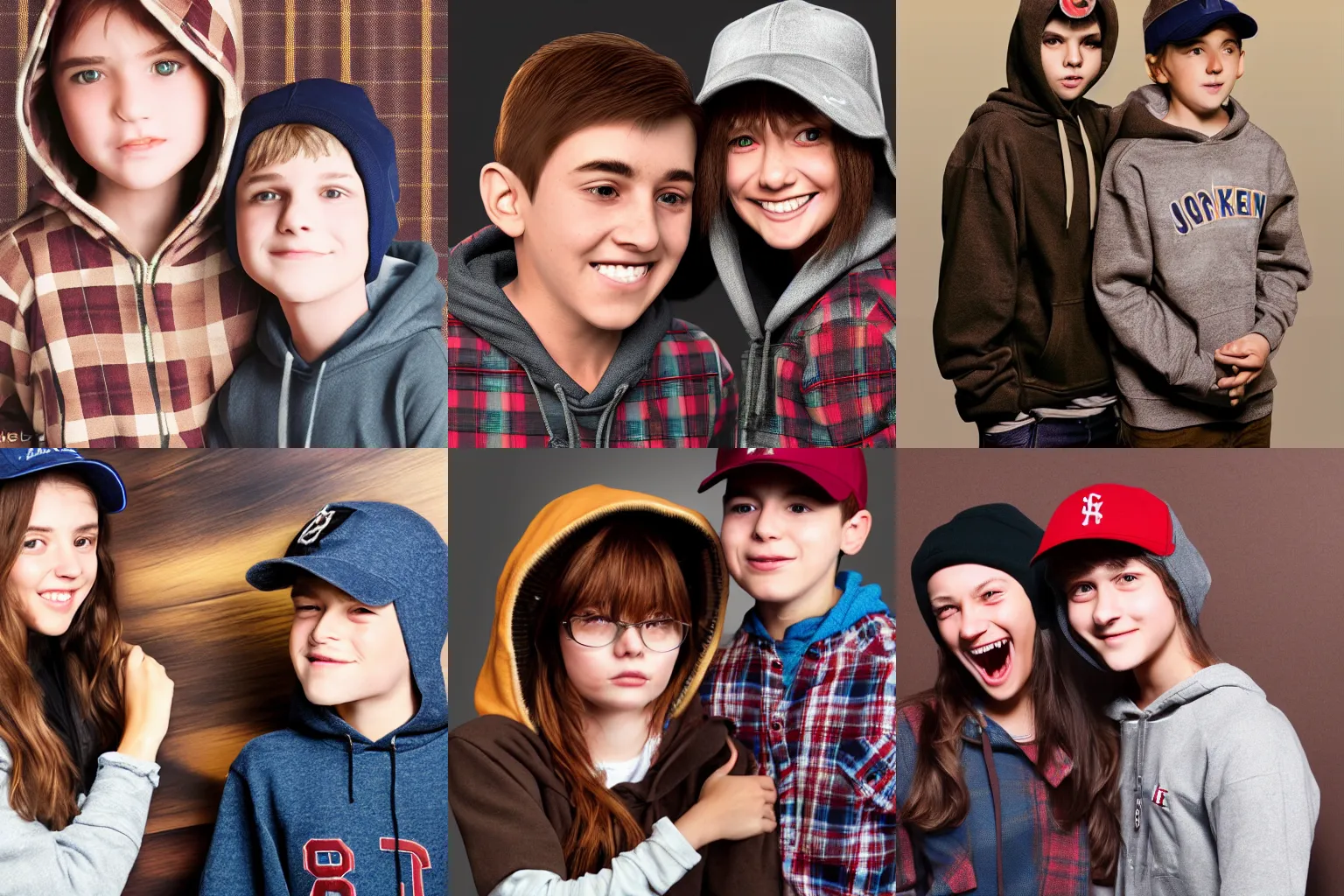 Prompt: a girl in hoodie and baseball cap wrapping arms around a brown haired boy in plaid shirt in a photobooth, artstation portrait painting, ultra detailed realistic rendered