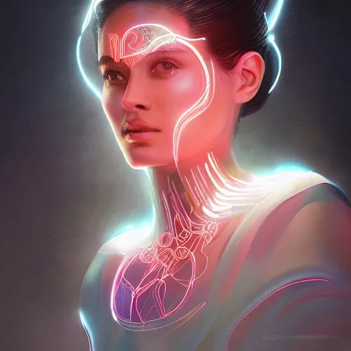 Prompt: head and shoulders portrait of modern darna, glowing translucent hologram of an ai woman, intricate, elegant, dark vibes, highly detailed, digital painting, artstation, glamor pose, concept art, smooth, sharp focus, illustration, art by wlop, mars ravelo and greg rutkowski