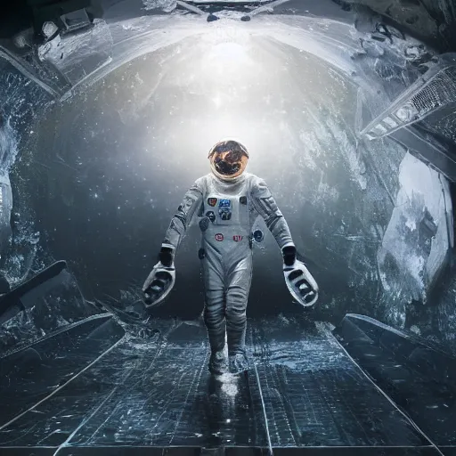 Image similar to concept art by craig mullins astronaut in futuristic dark and empty spaceship underwater. infrared complex and hyperdetailed technical suit. mandelbulb fractal. reflection and dispersion materials. rays and dispersion of light. volumetric light. 5 0 mm, f / 3 2. noise film photo. flash photography. unreal engine 4, octane render. interstellar movie art