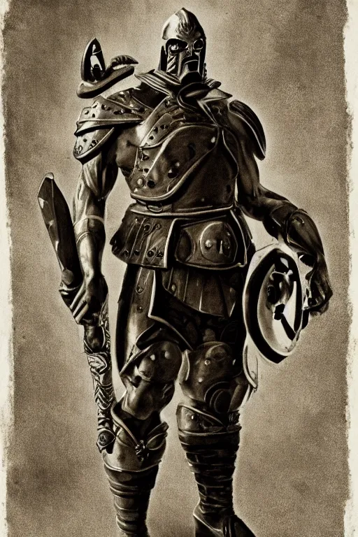 Image similar to man - at - arms from masters of the universe, portrait, full body, symmetrical features, silver iodide, 1 8 8 0 photograph, sepia tone, aged paper, sergio leone, master prime lenses, cinematic