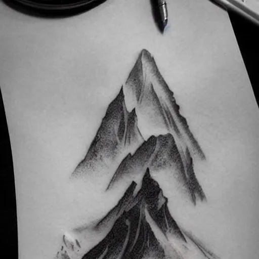 Prompt: megan fox beautiful mountains, double exposure effect, medium sized tattoo sketch, amazing detail, on pinterest